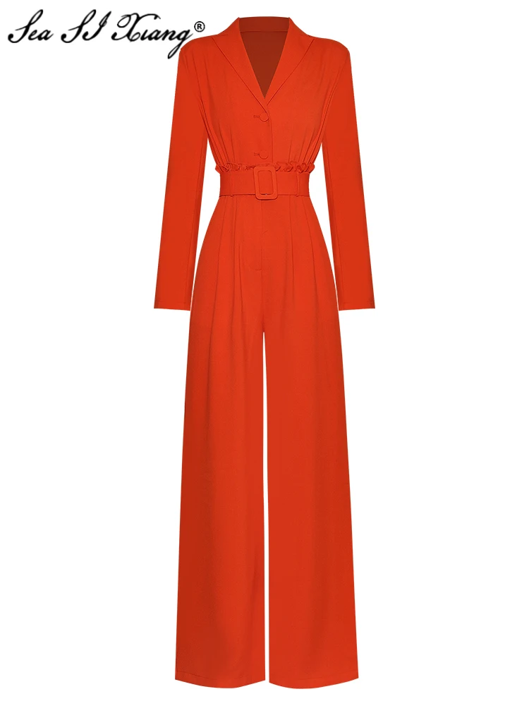 

Seasixiang Fashion Designer Spring Summer Jumpsuits Women Turn-down Collar Long Sleeve Belt Ruffles Pockets Wide Leg Pants