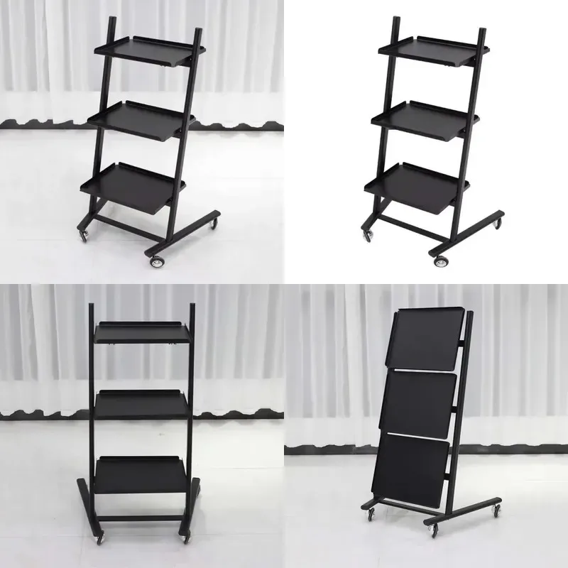 3 Layer Black Plastic Foldable Salon Spa Cart Wheeled Mobile Beauty Storage for Hairstylist Barber Shop