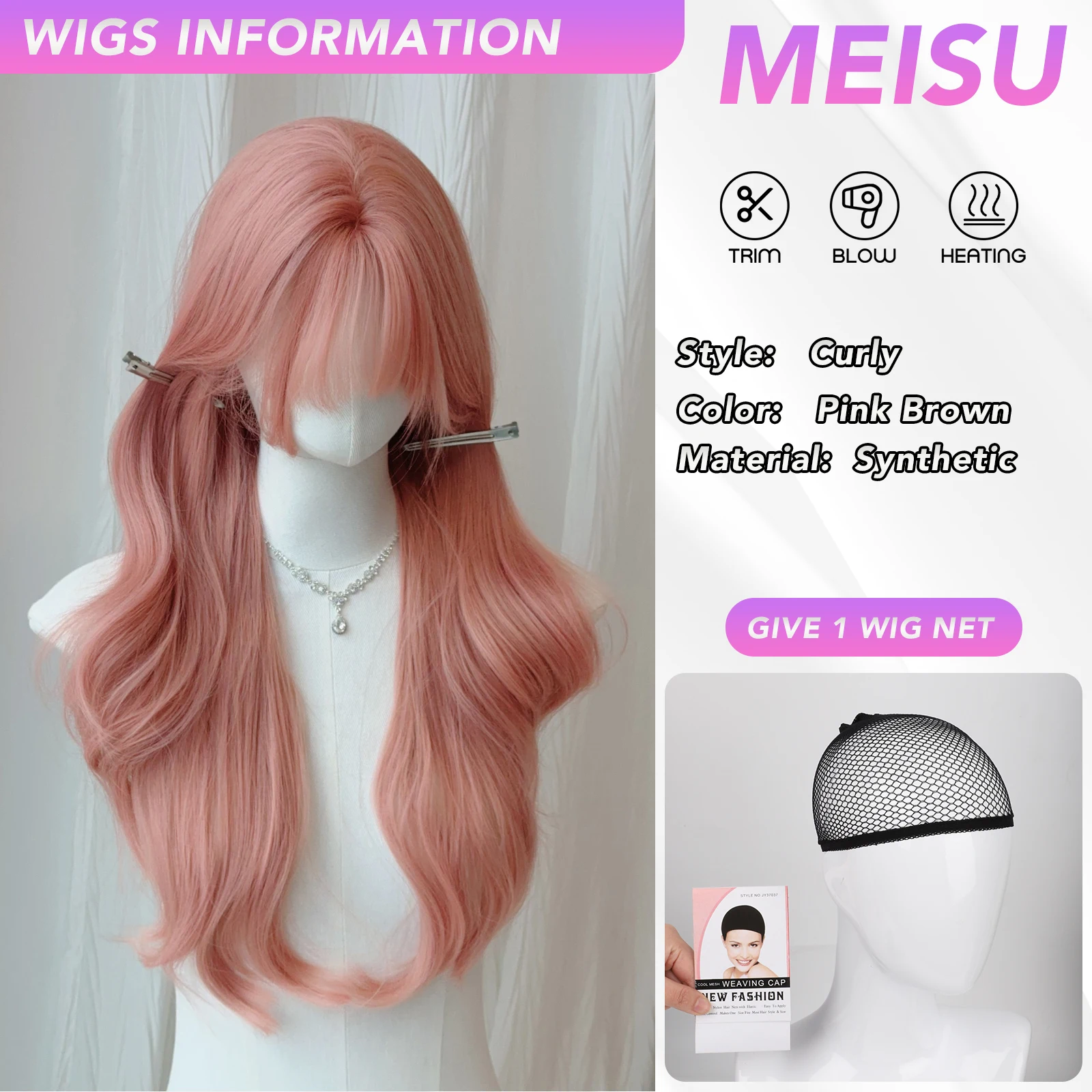 MEISU 26 بوصة الاصطناعية طويلة مجعد موجة الانفجارات شعر مستعار الوردي البني الألياف مقاومة للحرارة الطبيعية وسلسة ارتداء اليومي للنساء