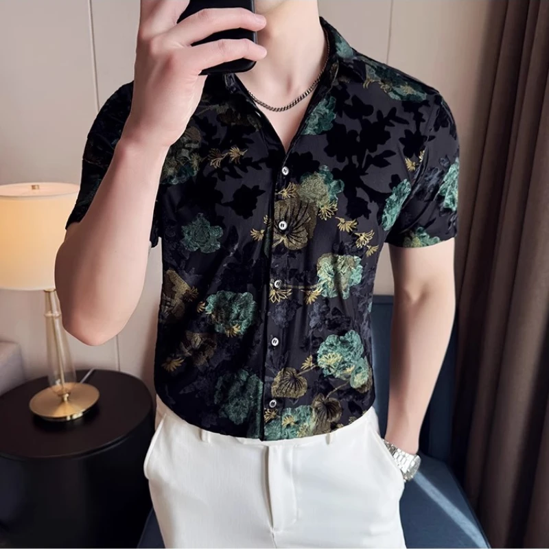 Summer Sexy Mesh See Through Shirts Men Flocked Jacquard Short Sleeved Casual Shirt Elastic Business Social Street Wear Shirt
