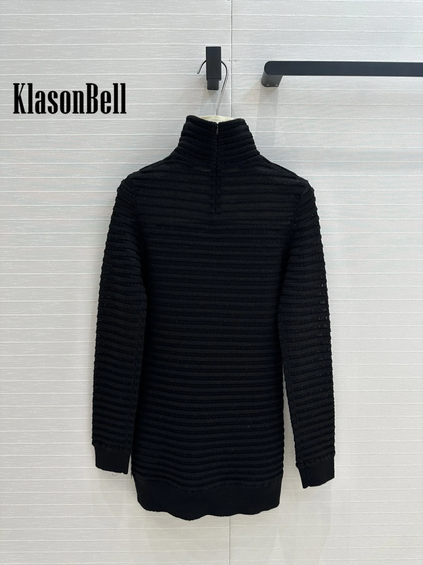 10.10 KlasonBell-Women Autumn Winter New Hollow Out Jacquard Knitwear Back Zipper Elegant Turtleneck Wool Blend Sweater