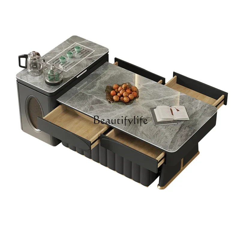

ld 38Modern light luxury rock slab Kung Fu tea table, living room household square tea table with kettle