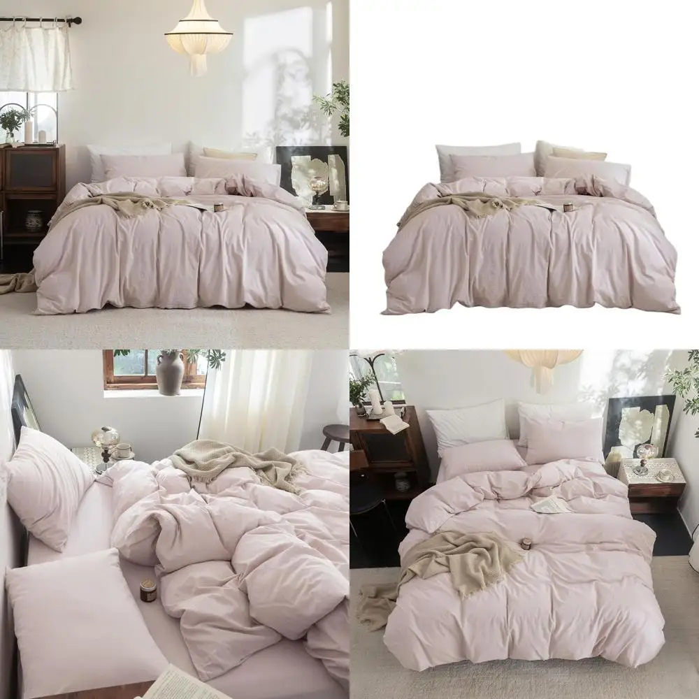 

Комплект постельного белья из 100% хлопка с эффектом стираного льна - дышащий, уютный комплект из 3 предметов в однотонном серо-розовом цвете для кровати Super Queen