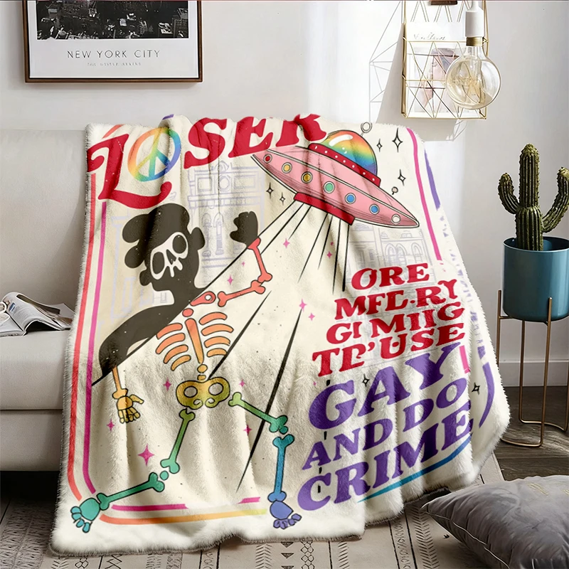 Get In Loser Skeleton Pride Month Flannel Blanket, Funny Be Gay Do Crime Flannel Throw, Rainbow Pride Outfit, LGBTQ