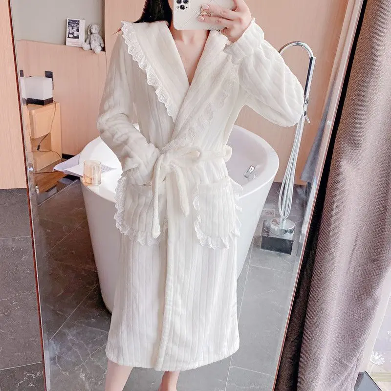 Lace Robe for Women Belt Sleepwear Nightdress Winter Night Wears Pajama Solid Nightgown Long Sleeve Warm Fleece Homewear