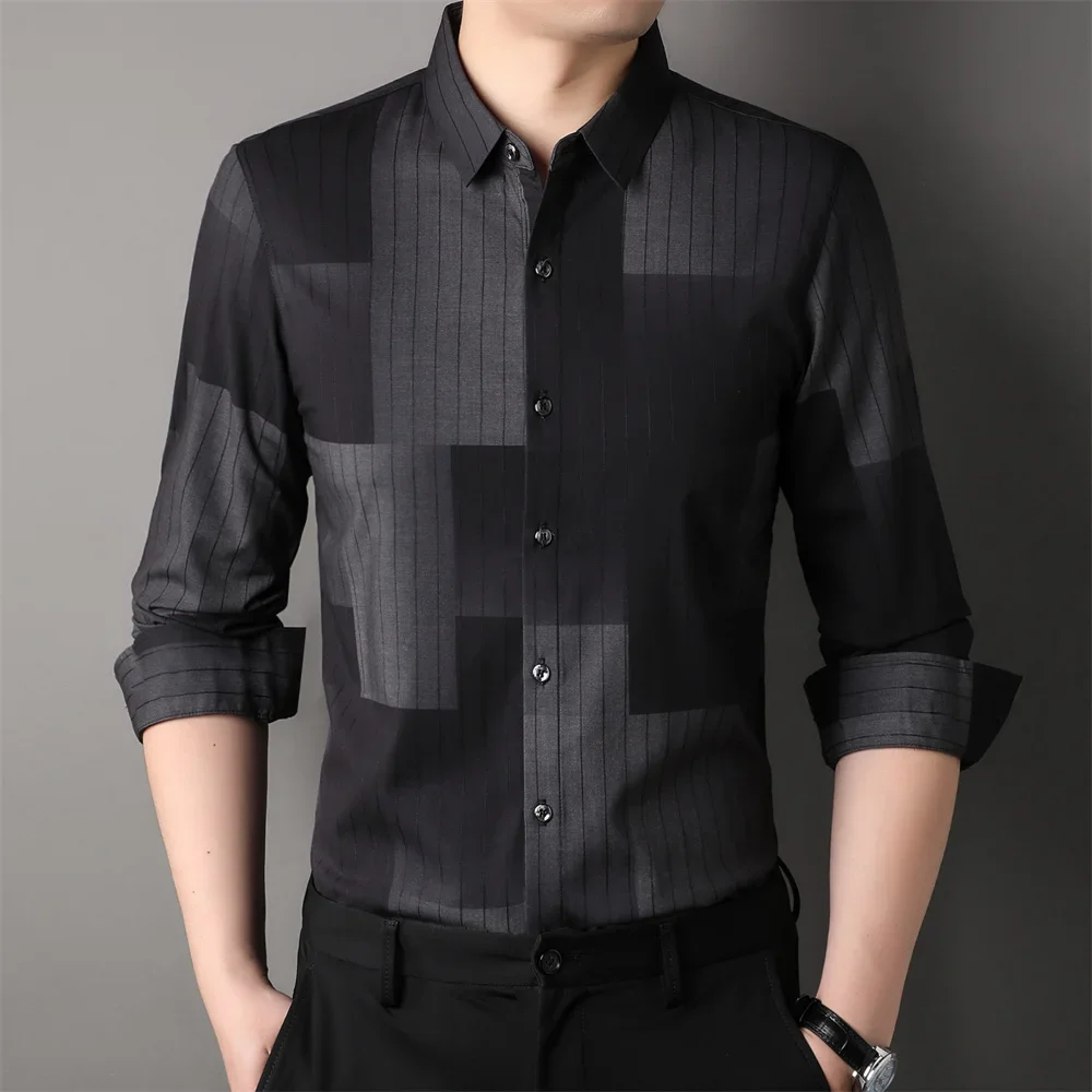 Non Ironing Wrinkle Resistant Checkered Stripes Patchwork Temperament Versatile Top Casual Long Sleeved Shirt D0049