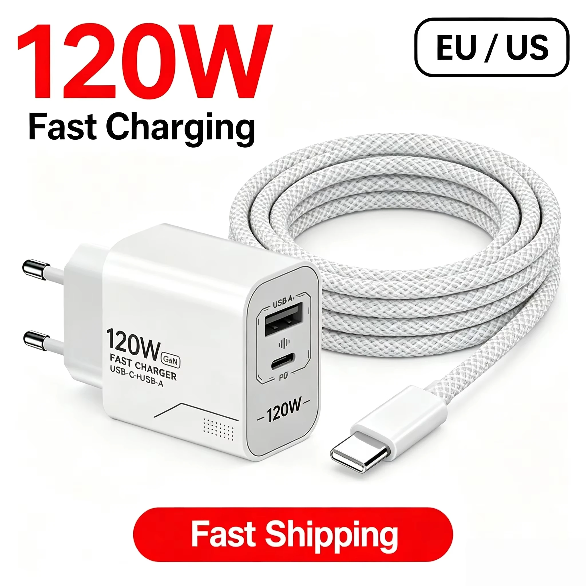 120W GaN 2‑Port USB‑C Wall Charger US/EU Plug PD Quick Power Adapter for iPhone New 2024 Samsung Xiaomi Android Phone