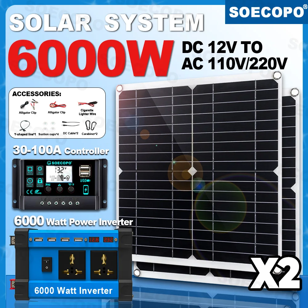 SOECOPO 6000W Solar System Kit 2*300W Solar Panels 100A Controller Camping USB 5V/1.5A DC 12V - AC 110V/220V Inverter Panel Home
