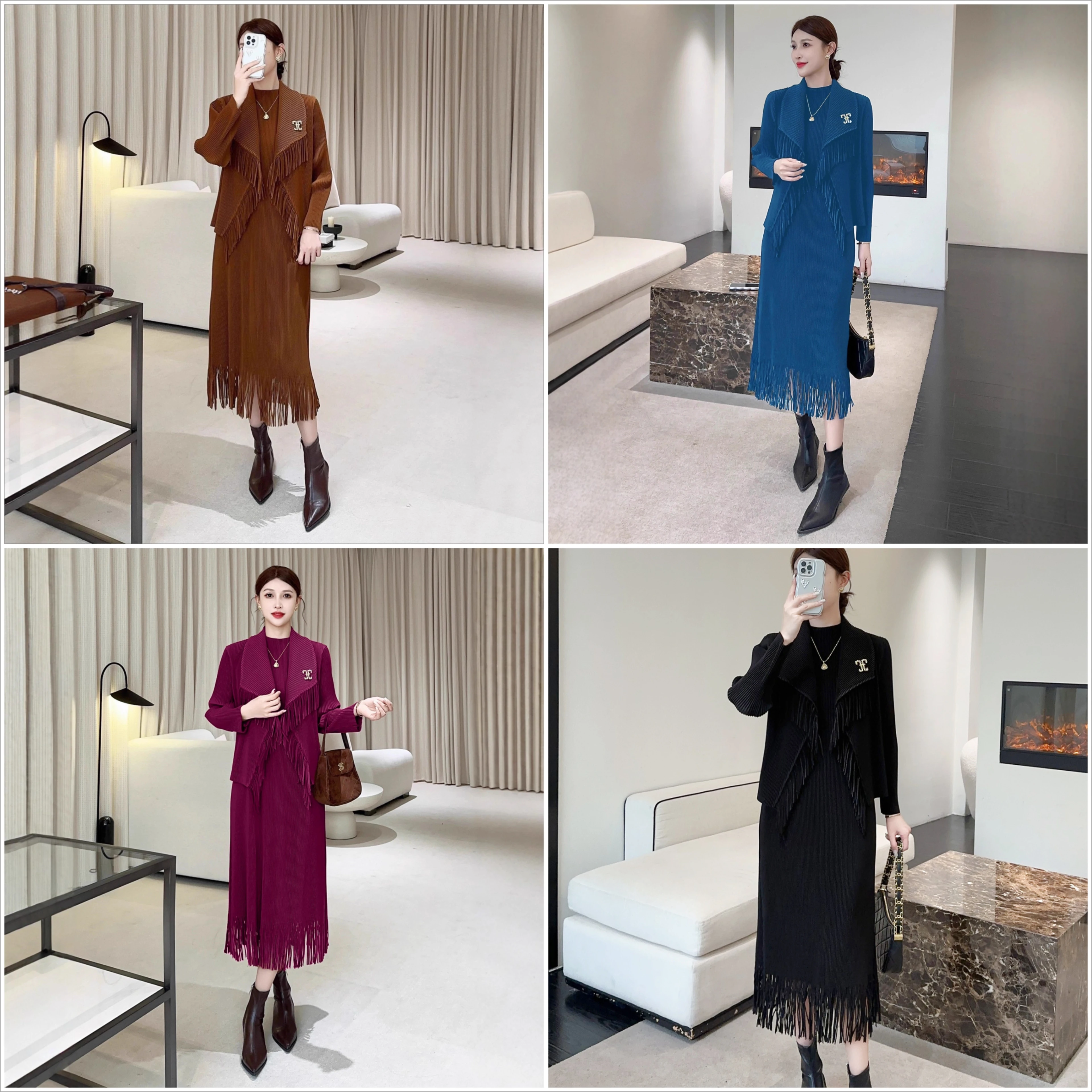 

Miyake Fold 2025 осенне-зимний модный комплект для женщин, новый стиль с воротником и пальто с кисточками + внутреннее платье, плиссированный комплект из двух предметов