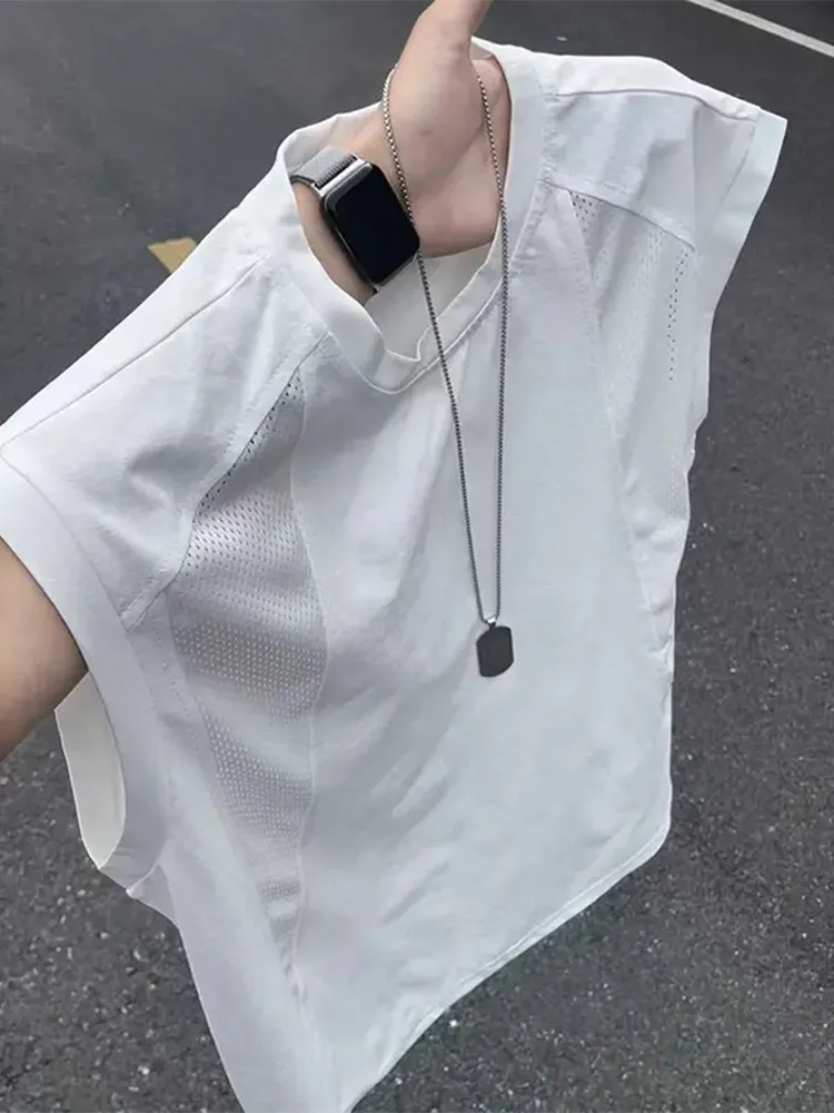 White Mesh Splice Ice Silk Quick Dry Vest Men's American Deconstructed Sleeveless T-Shirt Fitness Sports Shoulder Pad