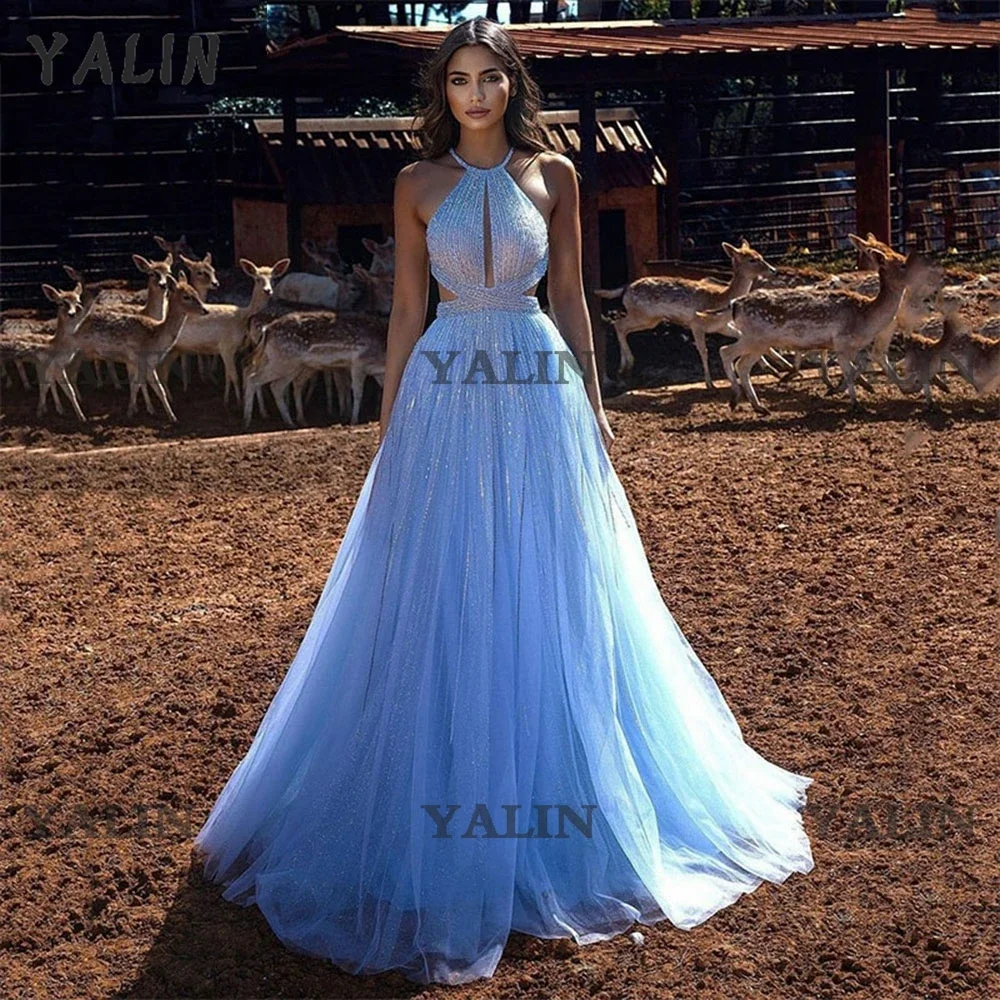 YALIN Exquisite Halter Backless Princess Prom Dresses Sweep Train Sequined Evening Gowns Sky Blue Tulle Party  Custom