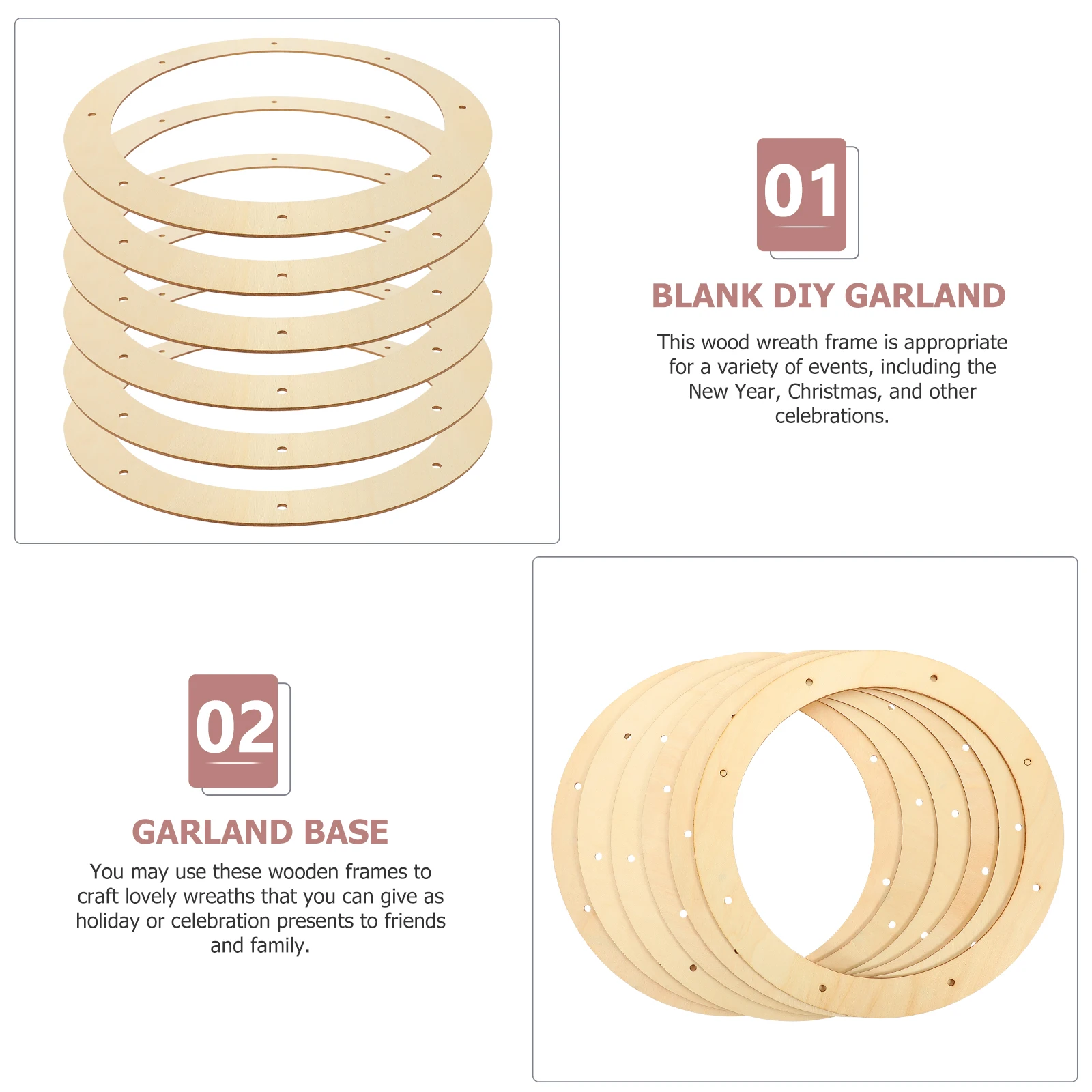 

6pcs Wooden Wreath Frame 30cm Outer 23cm Inner DIY Craft Base for Christmas New Year Decor Unfinished Wood Round Hoop