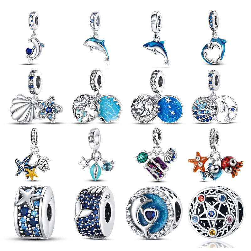 100% echte versilberte Ozean Serie Schildkröte Krabben Meerjungfrau Charms Perlen passen original Pandora Armbänder Armreifen Schmuck Geschenke