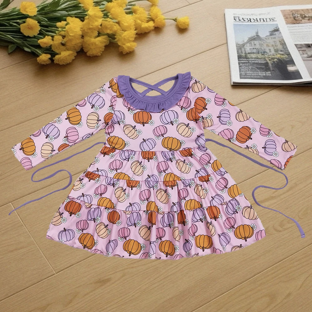 

9.19 Winter Hot Sale Wholesale Western Boutique children clothing Baby Girls Pink Flowers Pumpkins Fall Knee Length Dresses With