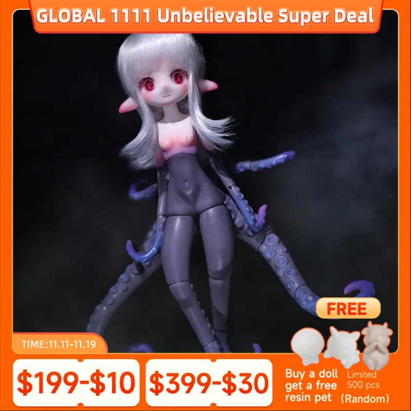 

BJD Doll Ahtu 1/6 Blue Purple Gradient Octopus Body Hand Made Face Elf Ears Cartoon Art Doll YOSD Fantasy Version Resin Toys