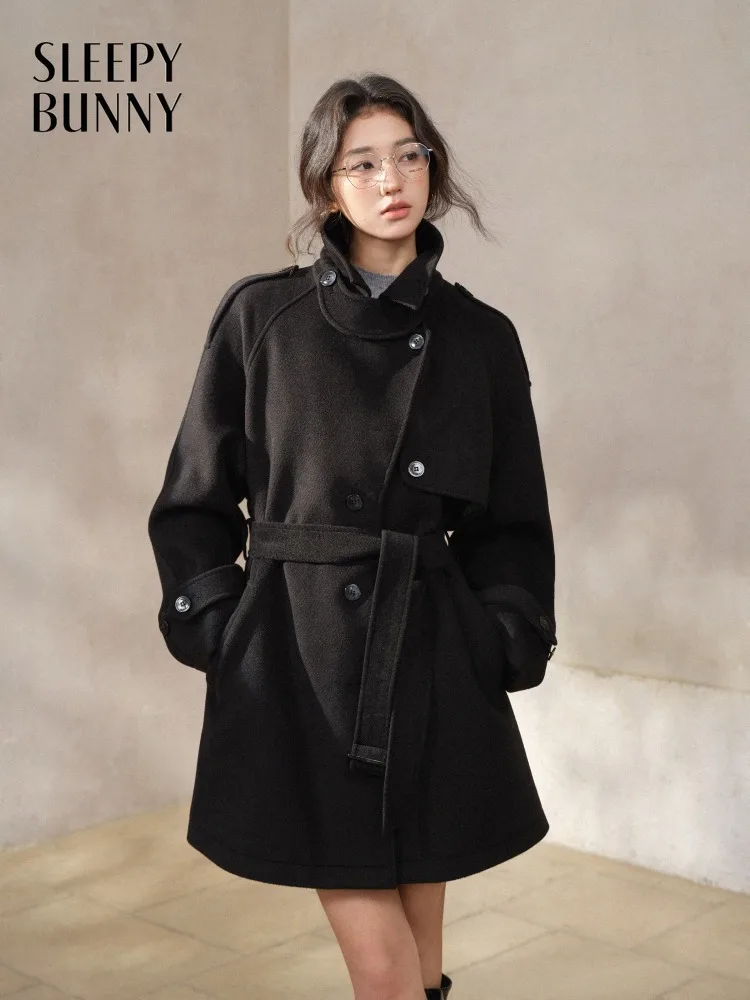 

Wool Belted Cape Coat Women Lady Vintage Lapel Mid-Length Outerwear Loose Fit Winter Jacket Elegant Warm Daily Commuter Style