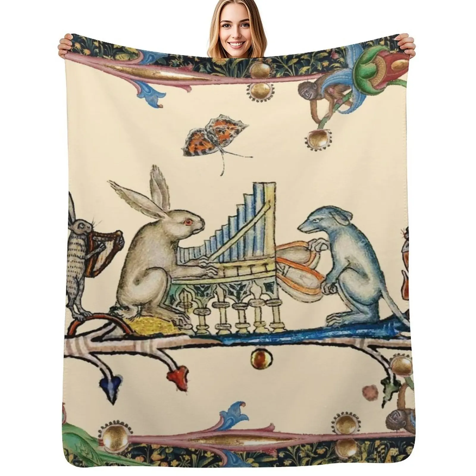 

WEIRD MEDIEVAL BESTIARY MAKING MUSIC,White Rabbit And Dog Playing Organ,Harpist Hare,Snail Cat Throw Blanket Decoratives Blanket