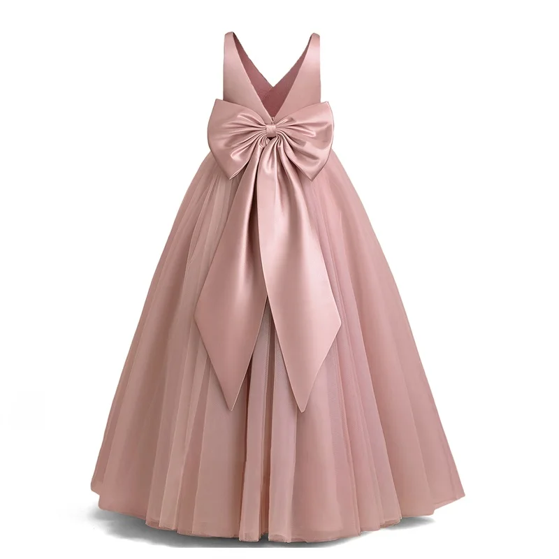 Teen Girls Bow Princess Puffy New Dresses Children Evening Long Robe Clothes Kids Birthday Vestido Girl Ceremony Party Costume