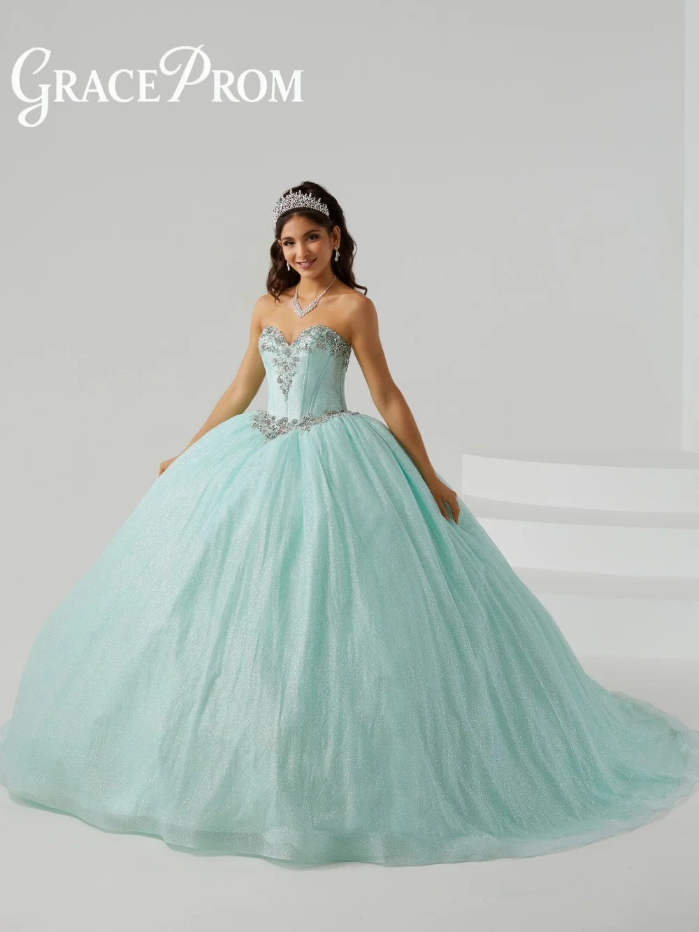 

Graceprom Romantic Strapless Quinceanera Dress 2026 Elegant Tulle Flower Tulle Ball Gown Formal Detachable Cape 16 Prom Gown