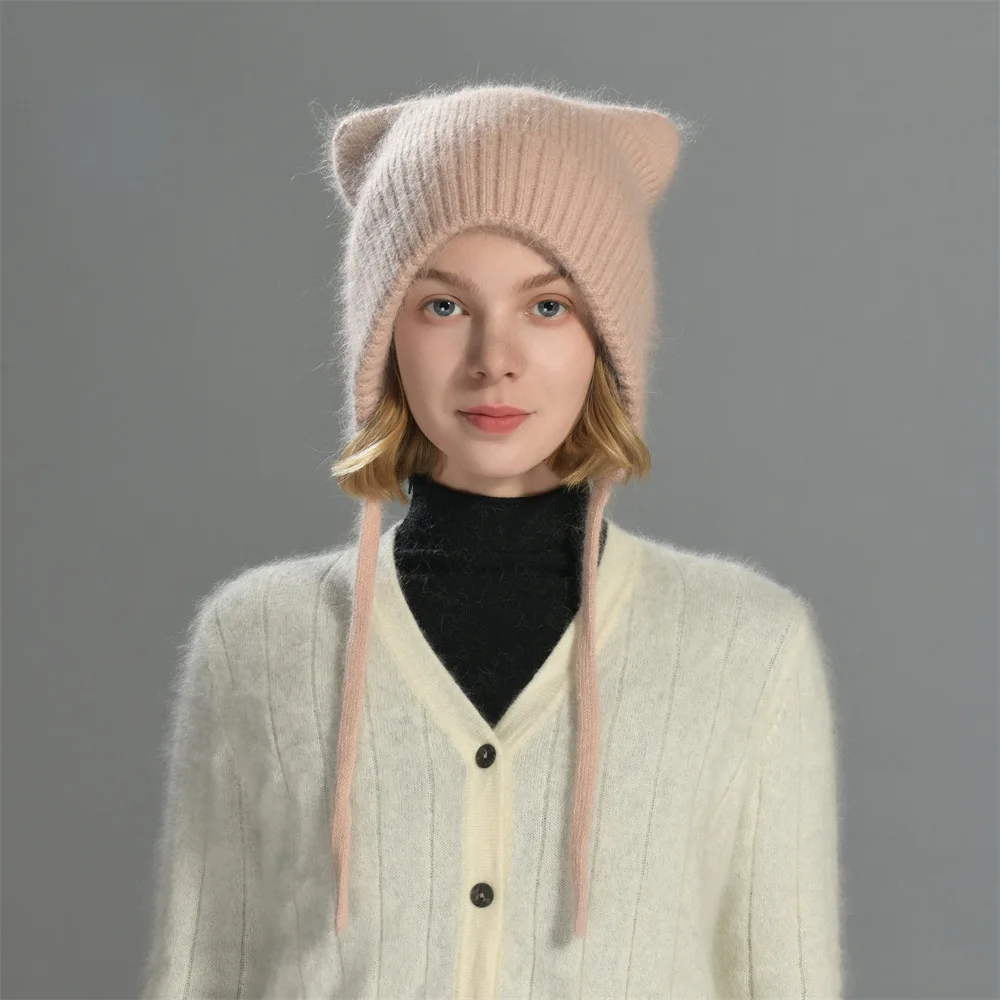 Women Solid Color Angora Rabbit Fur Knitted Beanie Cute Cat Ear Flap Cap with Tie Strings Wind‑Proof Warm Winter Bomber Hats