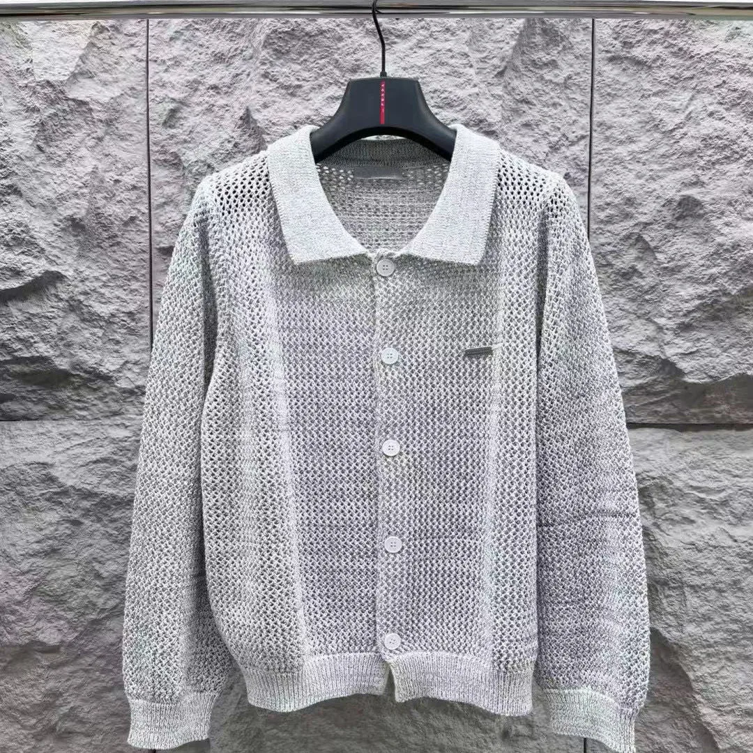 BC Italian new fashion old money wind badge lapel hollow knitted long-sleeved cardigan
