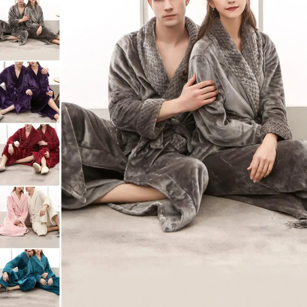 Women Flannel Bathrobe Winter Warm Casual Robe Sleepwear Long Sleeve Plush Shawl Male Bath Robe Lounge Nightgown Home Clothes