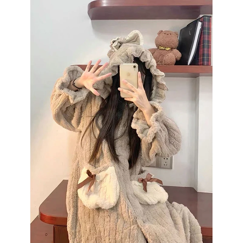 Ruffle Robe for Women Sleepwear Nightdress Winter Night Wears Warm Fleece Pajama One Piece Nightgown Hooded Long Sleeve Homewear