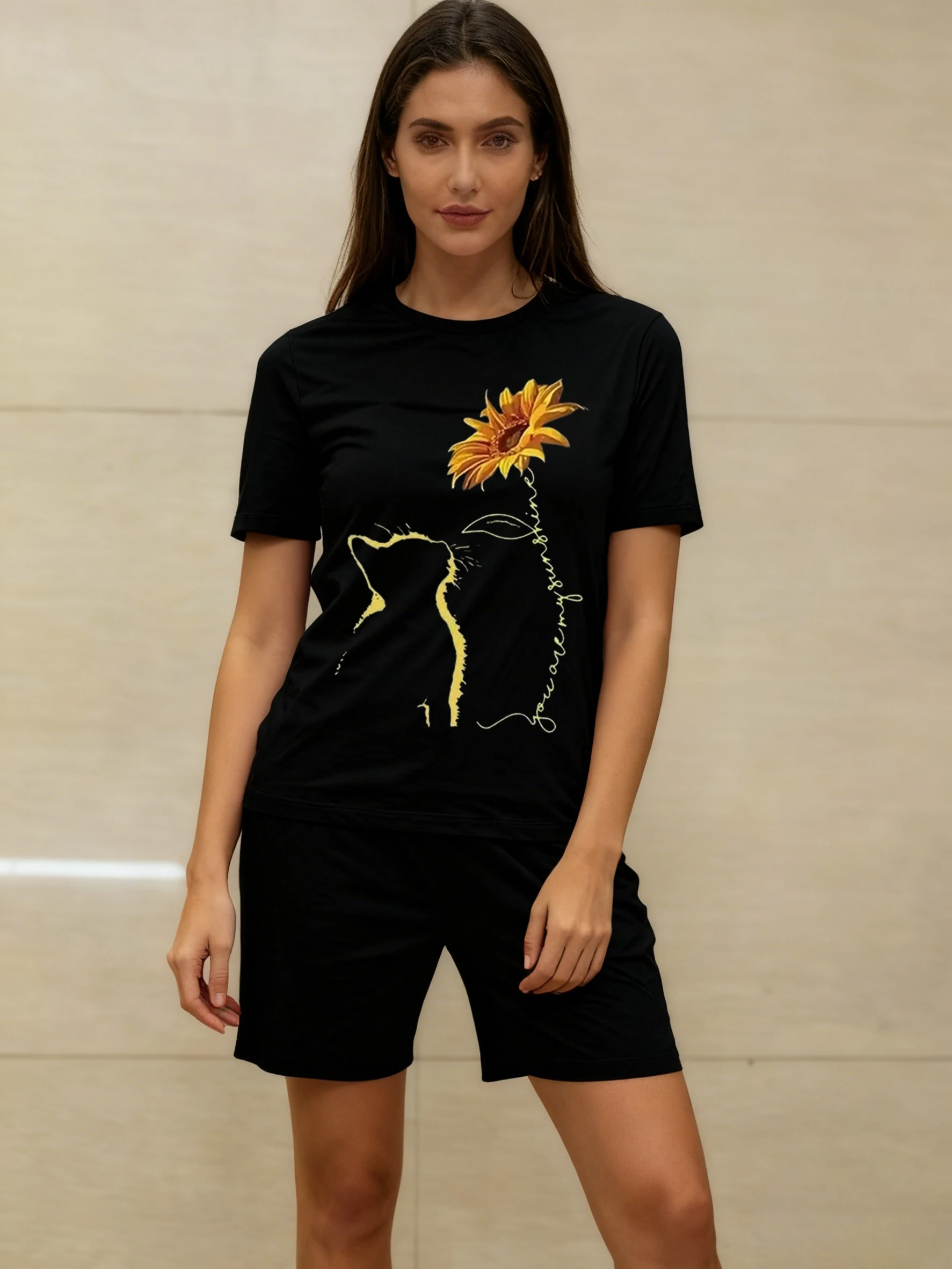 

Женский пижамный комплект из 2 предметов, летняя футболка с короткими рукавами и шорты с принтом подсолнечника и кошки, мягкая хлопковая домашняя одежда, одежда для сна, S-XXL