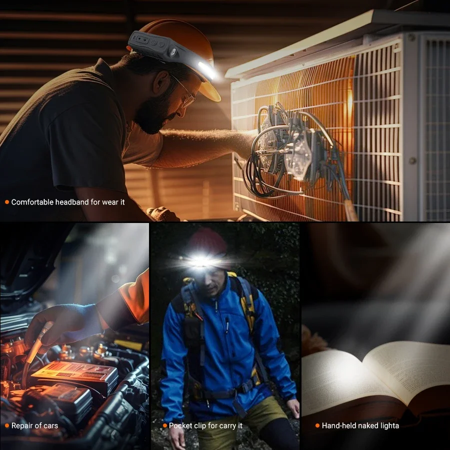 충전식 헤드램프 350 루멘 모션 센서 LED 헤드라이트 손전등 IP65 방수 5가지 모드 야외 사이클링 캠핑 낚시