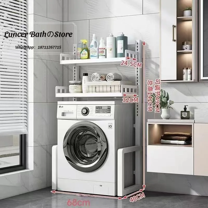 Storage rack with roller mechanism placed above the floor-mounted washing machine drum