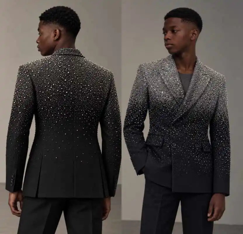 Gorgeous Man Tuxedos Pearls Beaded Double Breasted Wedding Suit Luxury 2 Piece Jacket Pants Evening Groom  Customized