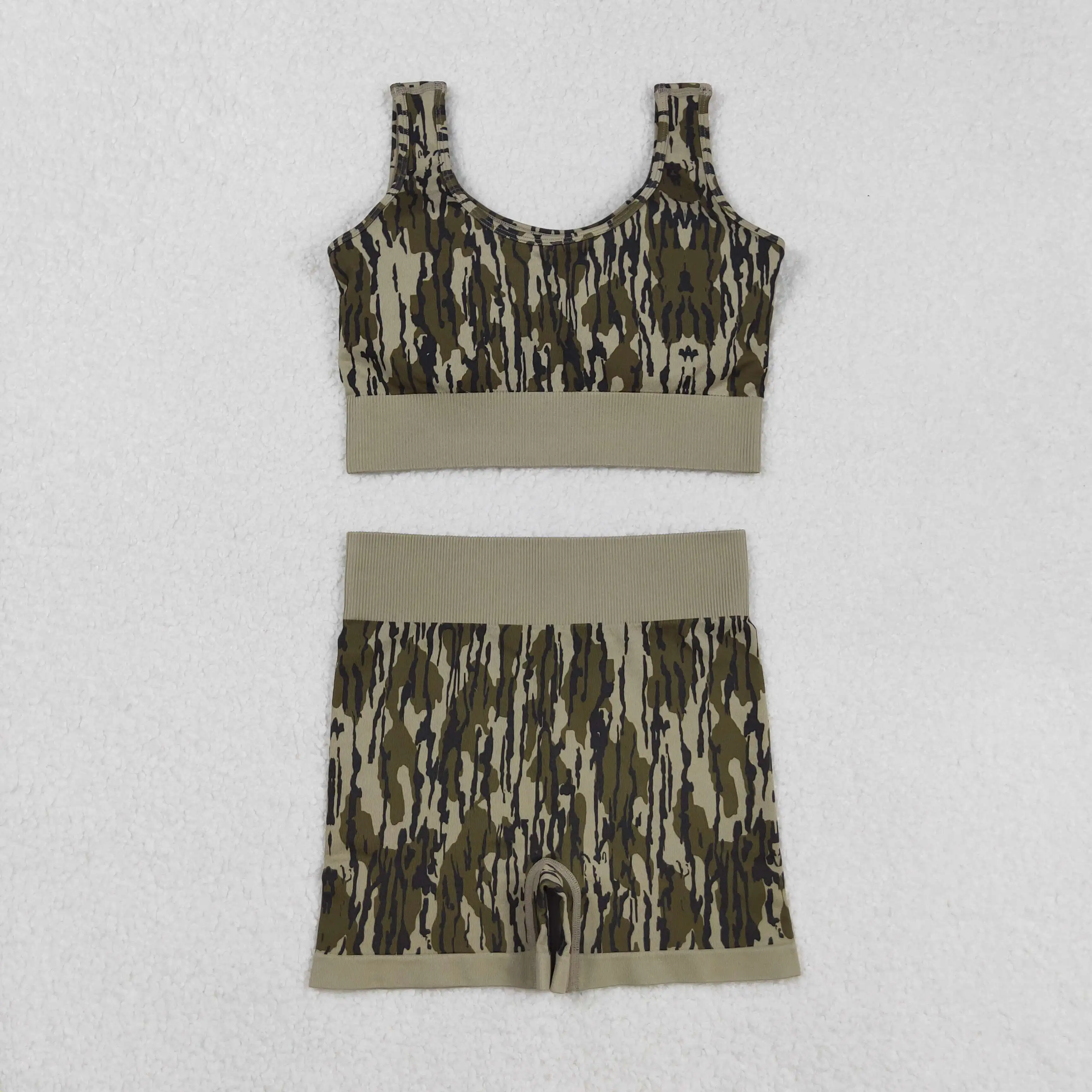 

Adult Women's Camouflage Knitted Yoga Crop Top Activewear Shorts Set Camo Print Comfortable Breathable Fitness Clothing