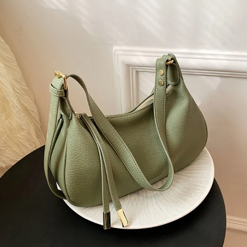 

Light Luxury Texture Solid Shoulder Bag Korean Version Zipper Underarm Bag High-End Lychee Leather Simple Women's Crossbody Bag