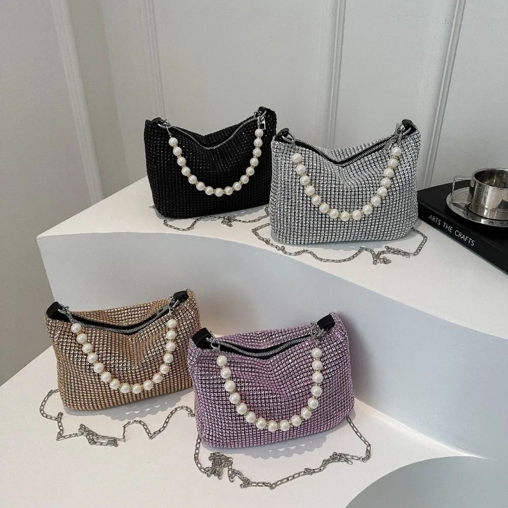 

Casual Luxury Design Pearl Full Rhinestone Handbag Shiny Elegant Party Dinner Bag Versatile Crossbody Bag Women