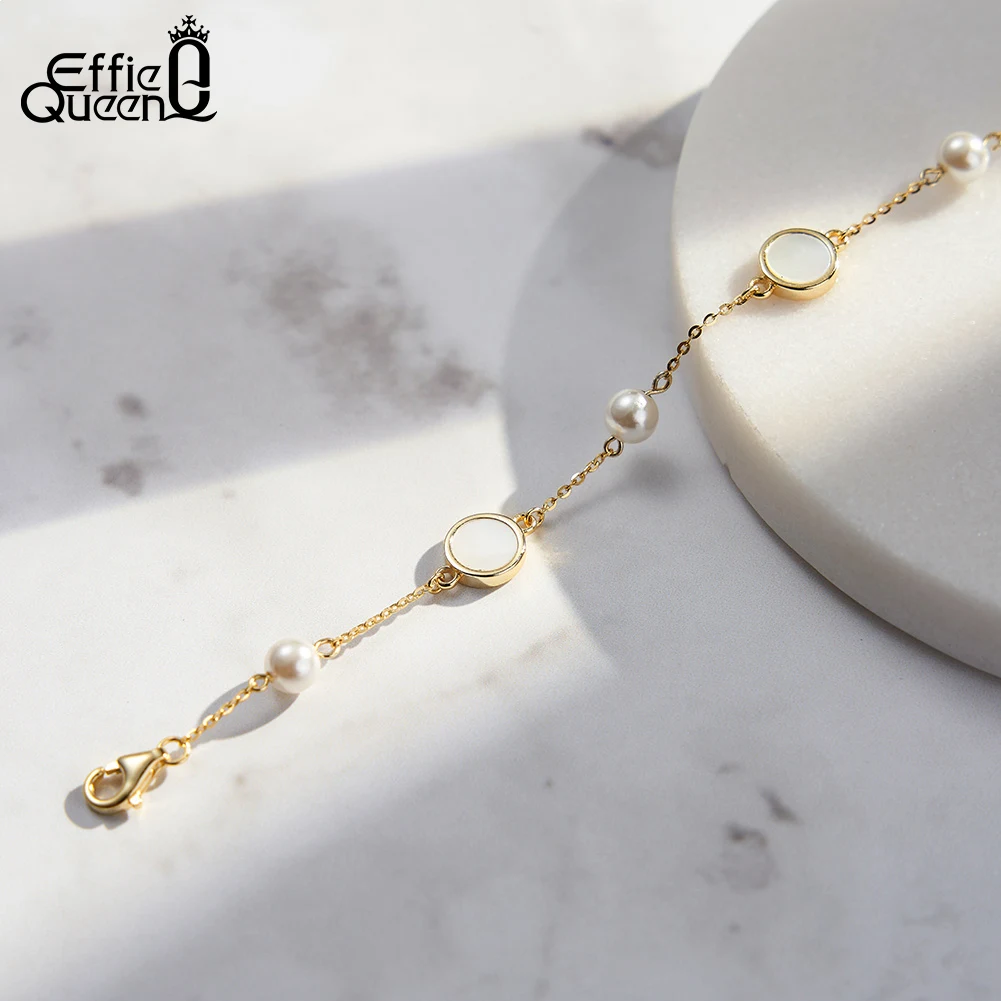 

EFFIE QUEEN 14K Gold Opulent 925 Sterling Silver Four Oval Shell Pearl Bracelet Symbol Of Beauty & Mystery Gift for Her GMB70