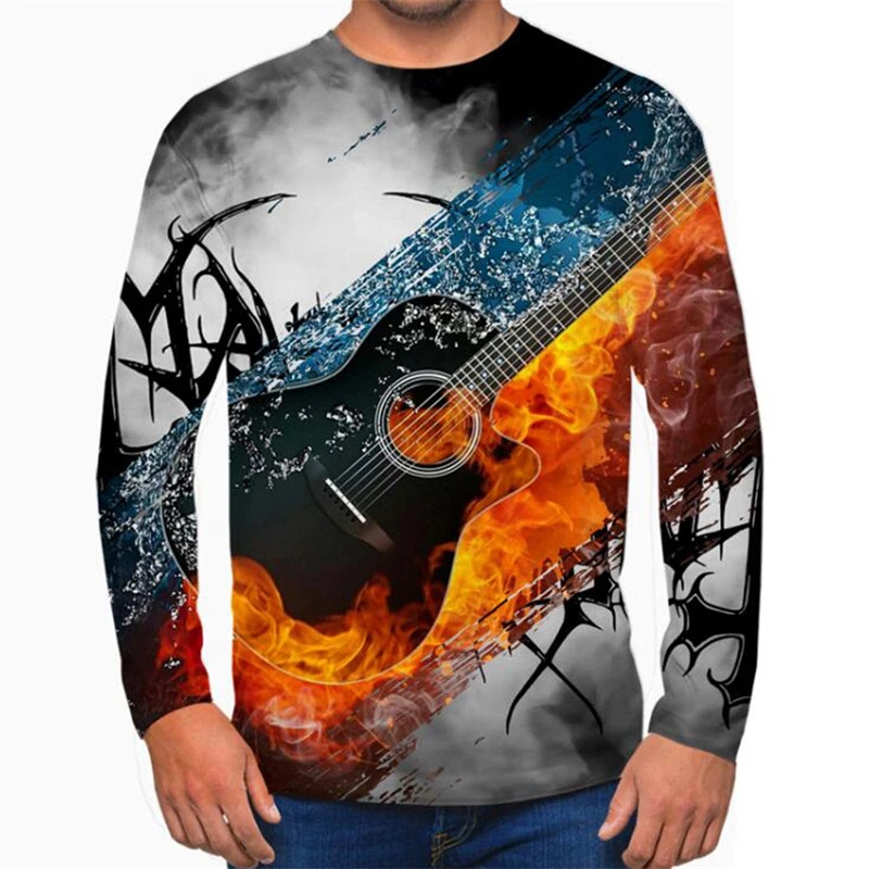 Mens Long Sleeve 3D Printed T-Shirts Guitar Graphic Tees Casual Vintage Crewneck Metallica Rock Band Tshirts Punk Style Tshirt