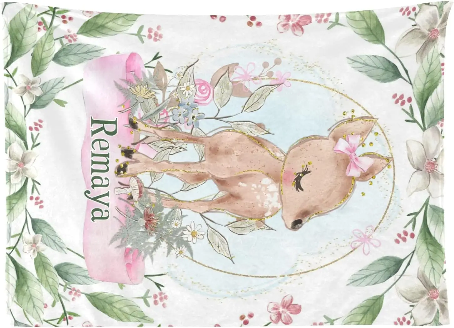 Pink Deer Floral Leaves Personalized Kid Baby Blanket Customized 30 x 40 Inch Throw with Name Text for Girl Boy Baby