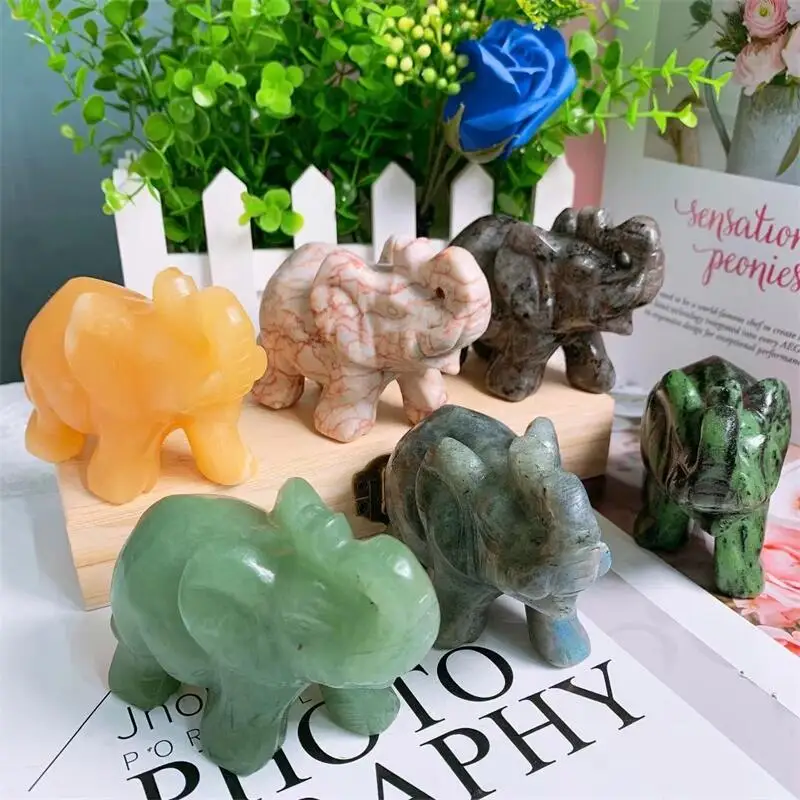 

Elephant Statue Natural Gemstone Crystals Hand Carved Reiki Healing Stones Animal Figurine Crafts Home Ornament Decoration 1pcs