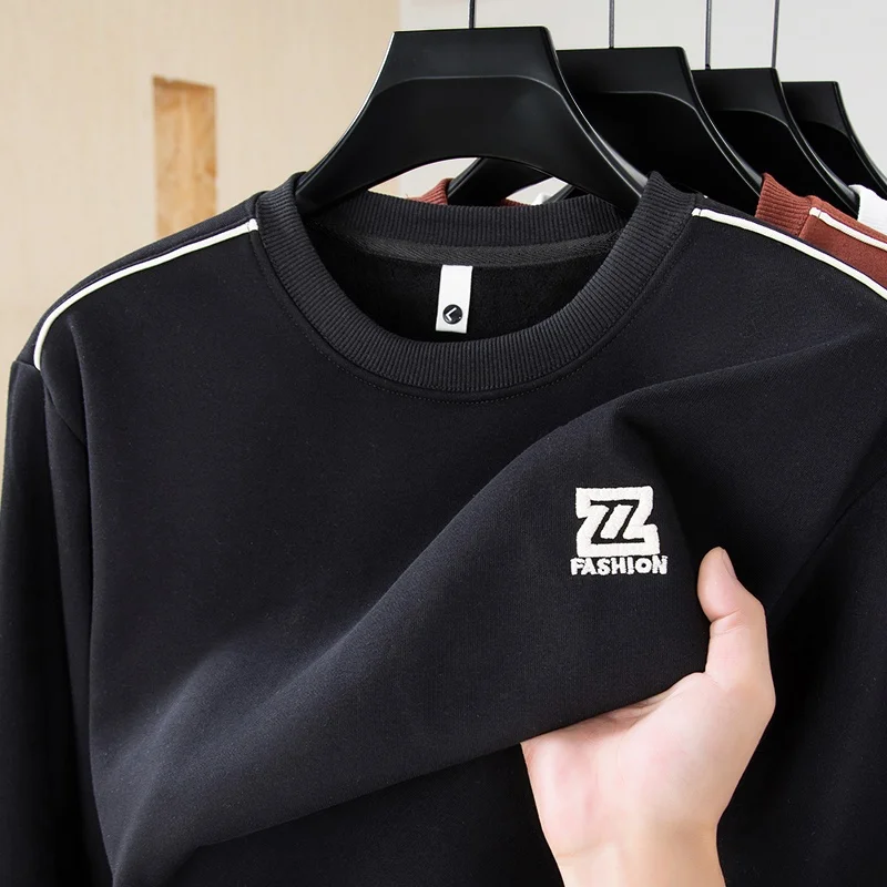 High End Quality Men's 100% Cotton T-Shirt Autumn New Solid Color Long Sleeve Embroideryed O-Neck Top Trend Exquisite Men's Wear