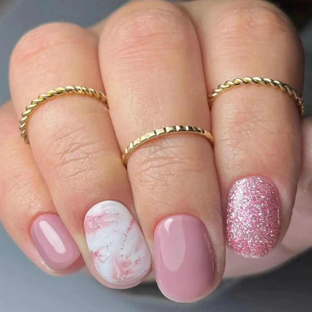 Detachable Short Round False Nails Flowers Glitter Slices Fake Nails Leopard Full Cover Nail Tips for Salon