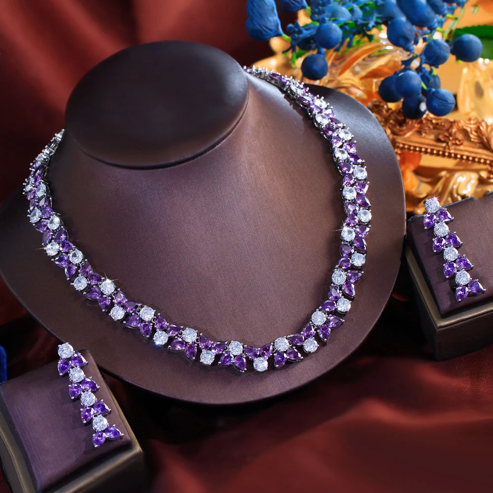 BeaQueen Luxury Purple White Round Teardro Cubic Zircon Necklace Earring Sets for Women Bridal Wedding Party Dress Jewelry T1006