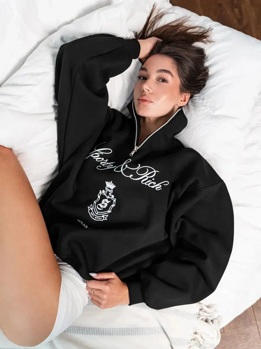 American Retro Badge Sweatshirts Zipper Turn-down Collar Black Blouse Hoodies Fashion Sports Women Streetwear Autumn Large Size