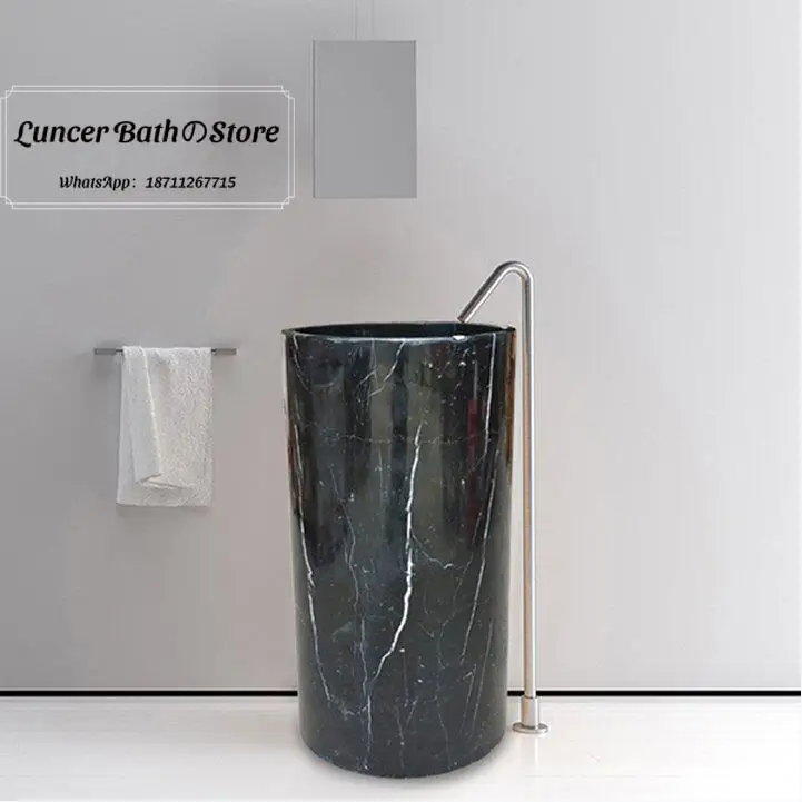 Natural Solid Marble Column Sink Integrated Freestanding Cylinder Art Wash Basin Home Bathroom Vertical Hand Washing Vanity