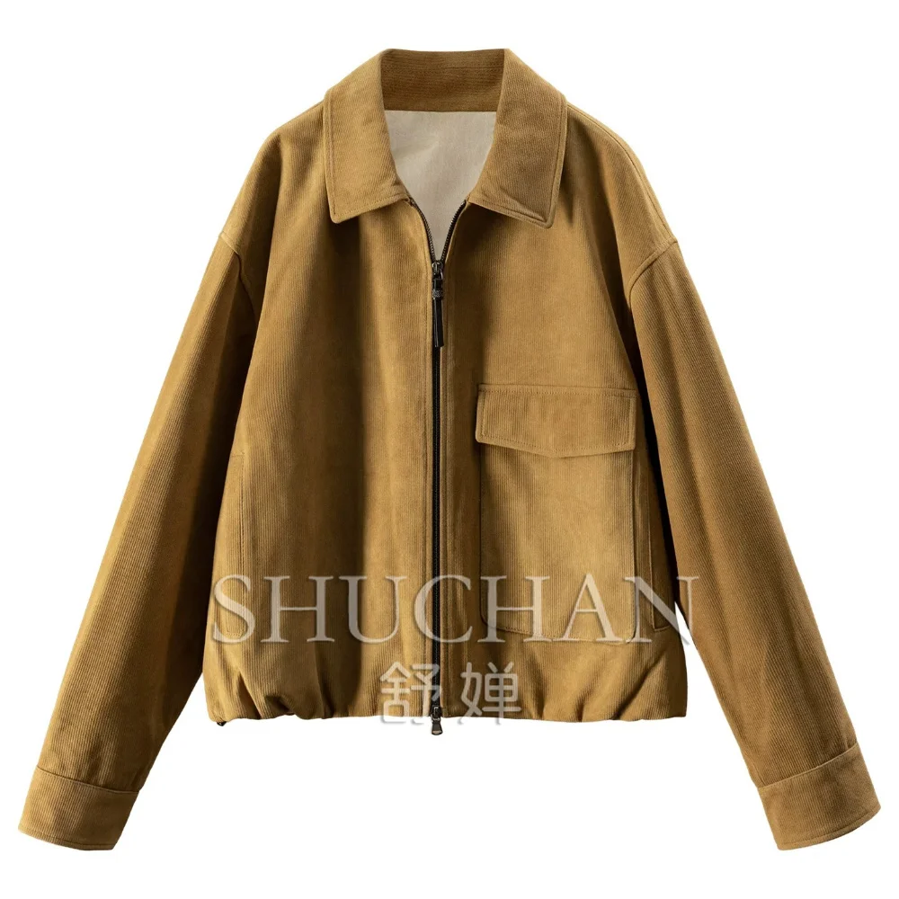 Luxury Retro Italian Li Loose Drawstring Tooling Sheepskin Suede Jacket Women F068 Casacos Femininos Inverno 2026