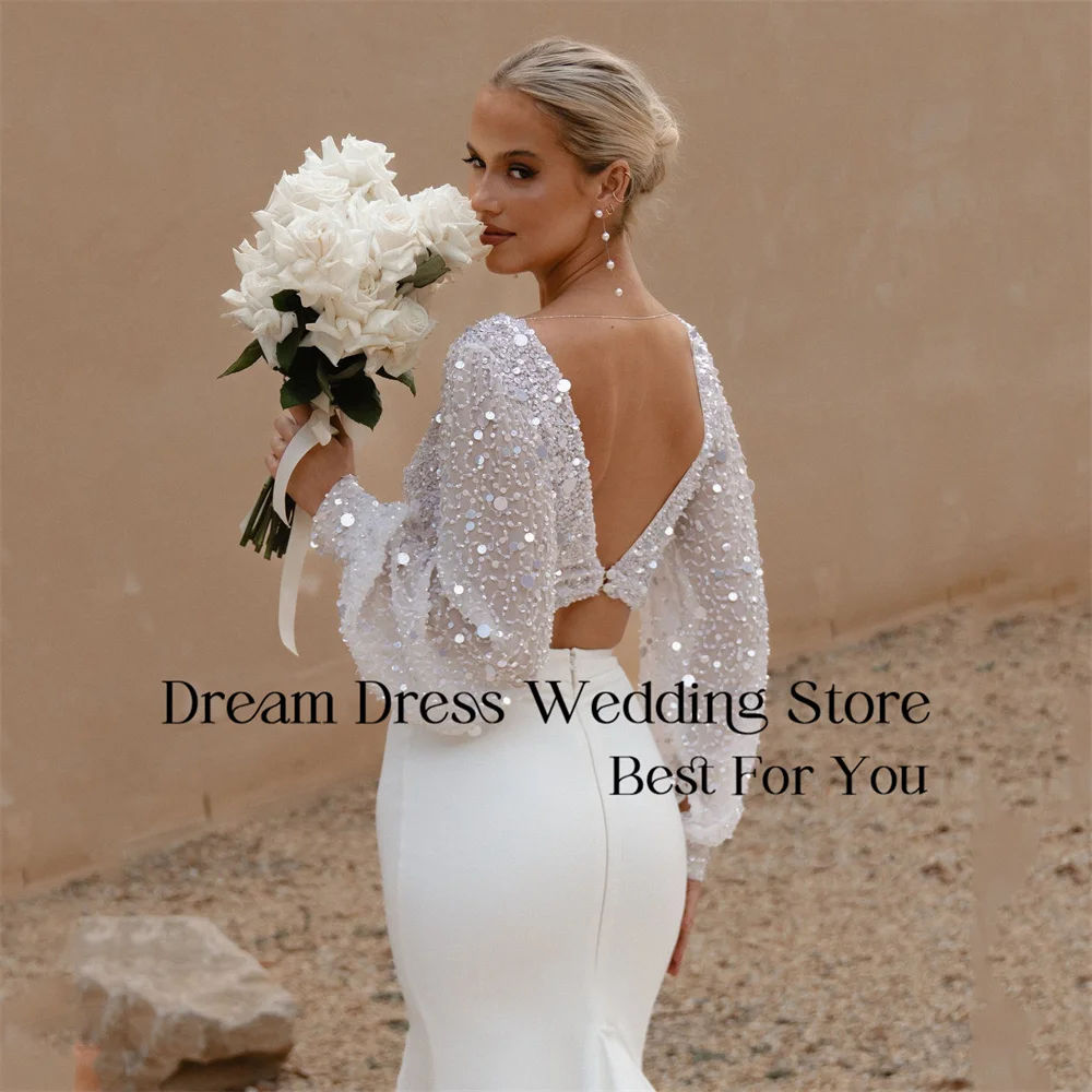 DREAM Two-Pieces Mermaid Wedding Dress Long Sleeve V-Neck Sequins Open Back Split Pleat Bridal Gown Vestidos De Novia Customized