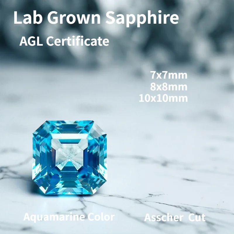 

Aquamarine Color Lab Grown Sapphire Asscher Shape DIY Ring Necklace Earrings Main Materials Extremely Shiny Quality Certificate