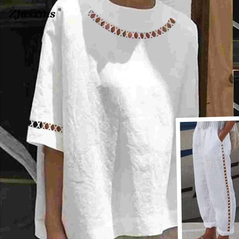 

2024 Lady Loose Two Pieces Suits Women's Hollowed Out Cotton Linen Lace Suit Spring Summer Casual Pockets Solid Color Top+Pants
