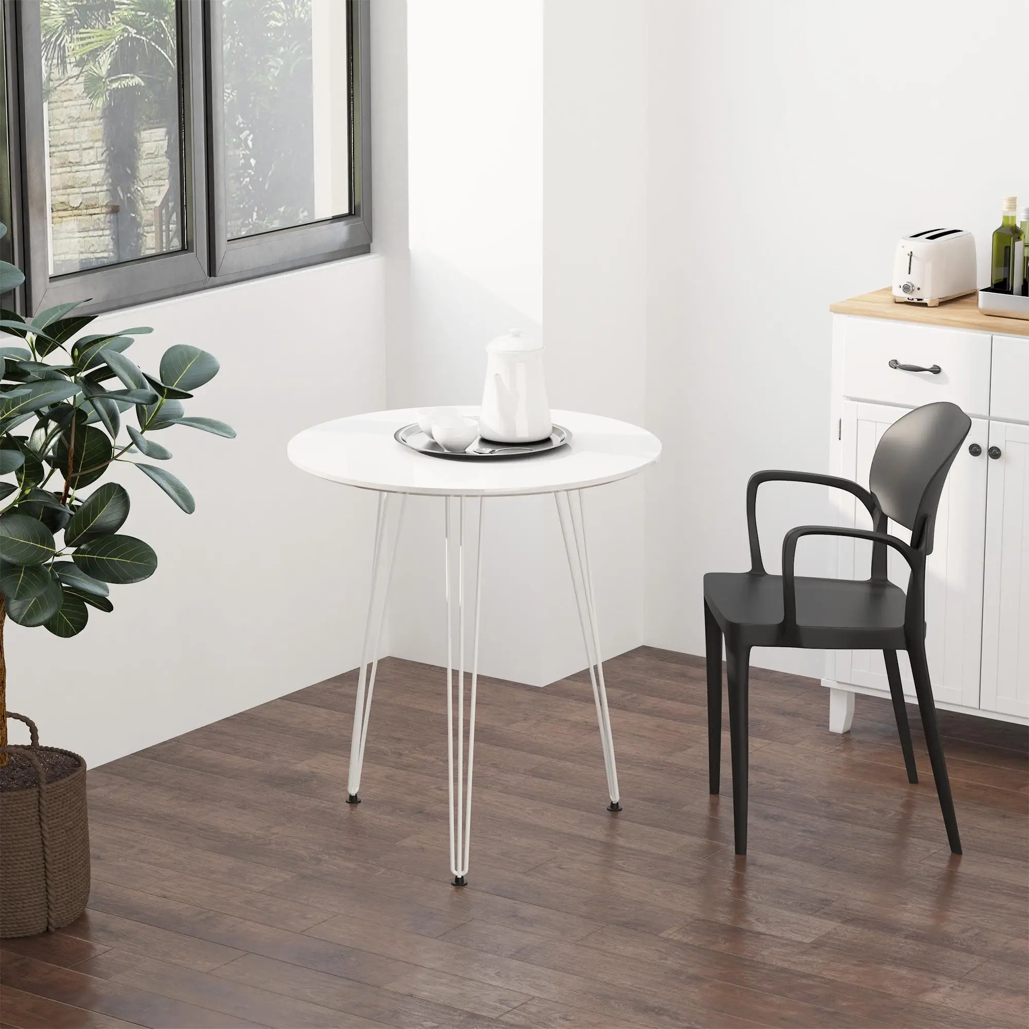 Table à manger ronde blanche 70x75cm avec structure en métal et pieds à trois branches pour cuisine, salon, bureau