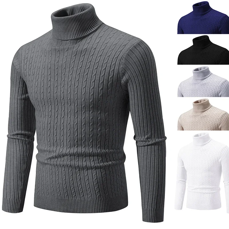 New Men's Pullover High Neck Sweater Autumn Outdoor Work Knitted Warm Casual Slim Turtleneck Sweatwear Versatile Mens Winter Top