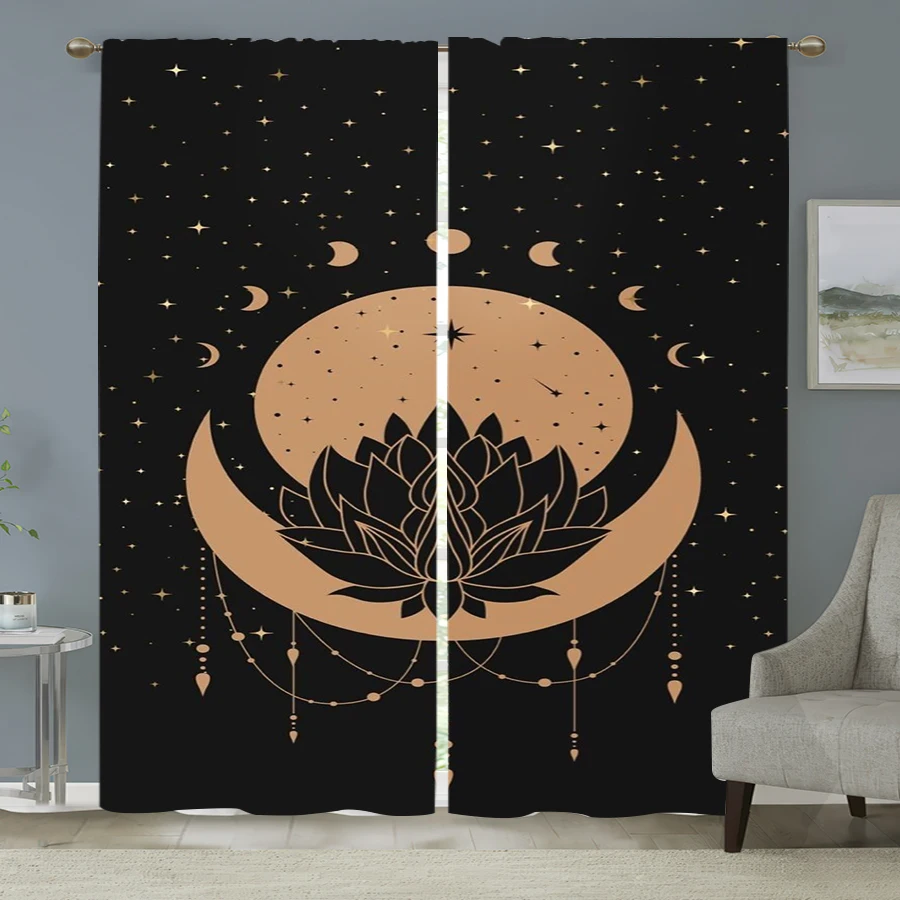 2PCS Digital Print Curtain, Golden Moon Lotus Phase Stars Bead Chain, Mystic Astrology Celestial for Living Room Decor